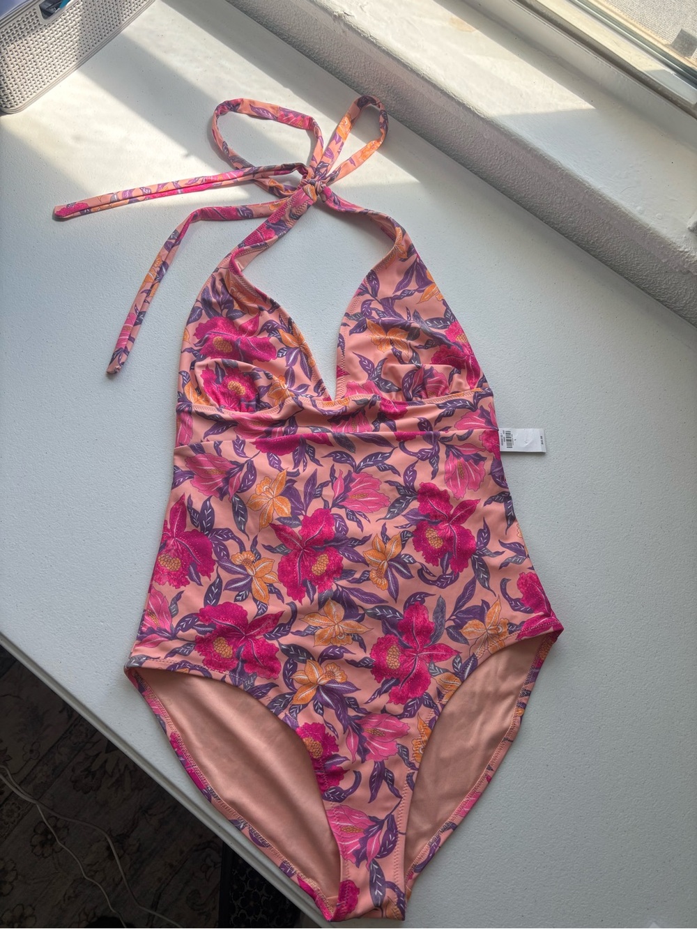 Old Navy Peach Floral Halter One-Piece Swimsuit in Pink & Yellow